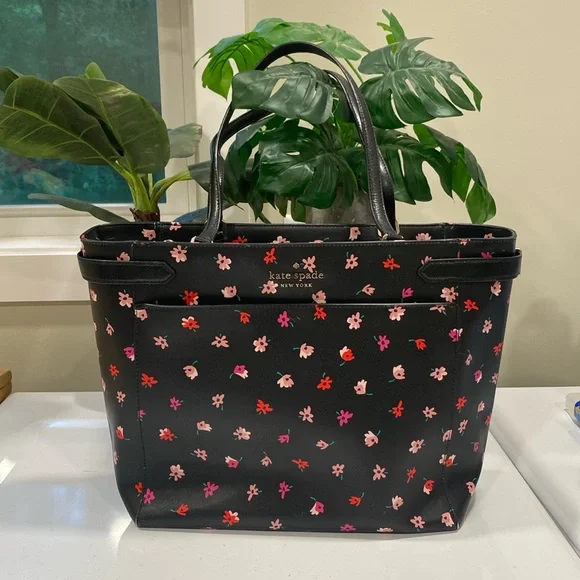Kate Spade New York Staci Ditsy Buds Saffiano Leather Laptop Tote Floral / Black - Picture 2 of 13